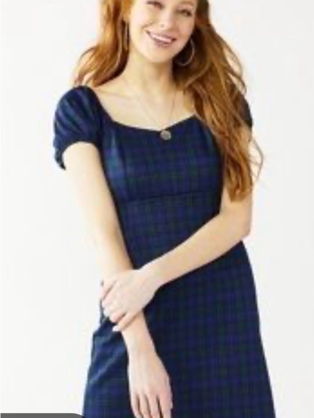 SO Navy and Green Plaid Square Neck Mini Dress